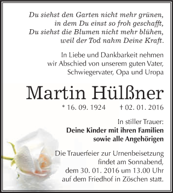 Traueranzeige von Martin Hülßner von WVG - Wochenspiegel Merseburg