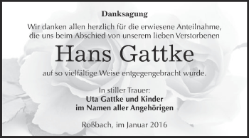 Traueranzeige von Hans Gattke von WVG - Wochenspiegel Merseburg