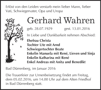 Traueranzeige von Gerhard Wahren von Super Sonntag Merseburg