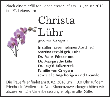 Traueranzeige von Christa Lühr von WVG - Wochenspiegel Bitterfeld