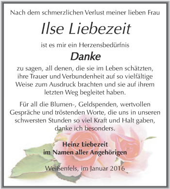 Traueranzeige von Ilse Liebezeit von WVG - Wochenspiegel NMB / WSF / ZTZ