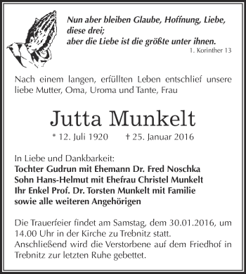 Traueranzeige von Jutta Munkelt von WVG - Wochenspiegel NMB / WSF / ZTZ