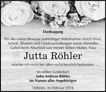 Traueranzeige von Jutta Röhler von Mitteldeutsche Zeitung Weißenfels