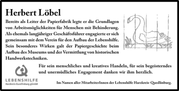 Traueranzeige von Herbert Löbel von Super Sonntag Quedlinburg