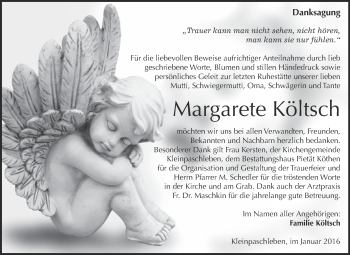Traueranzeige von Margarete Költsch von WVG - Wochenspiegel Dessau / Köthen