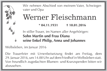 Traueranzeige von Werner Fleischmann von Wochenspiegel Mansfelder Land