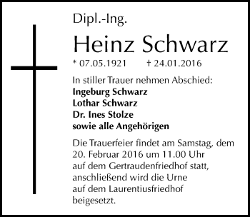 Traueranzeige von Heinz Schwarz von Mitteldeutsche Zeitung Halle/Saalkreis