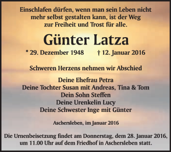 Traueranzeige von Günter Latza von WVG - Wochenspiegel Quedlinburg