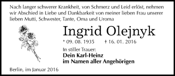 Traueranzeige von Ingrid Olejnyk von Mitteldeutsche Zeitung Mansfelder Land