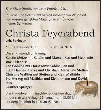 Traueranzeige von Christa Feyerabend von Mitteldeutsche Zeitung Halle/Saalkreis