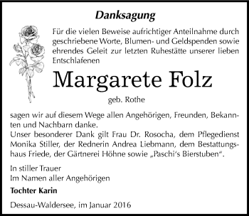 Traueranzeige von Margarete Folz von Mitteldeutsche Zeitung Dessau-Roßlau