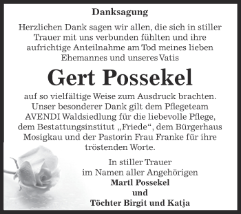 Traueranzeige von Gert Possekel von WVG - Wochenspiegel Dessau / Köthen