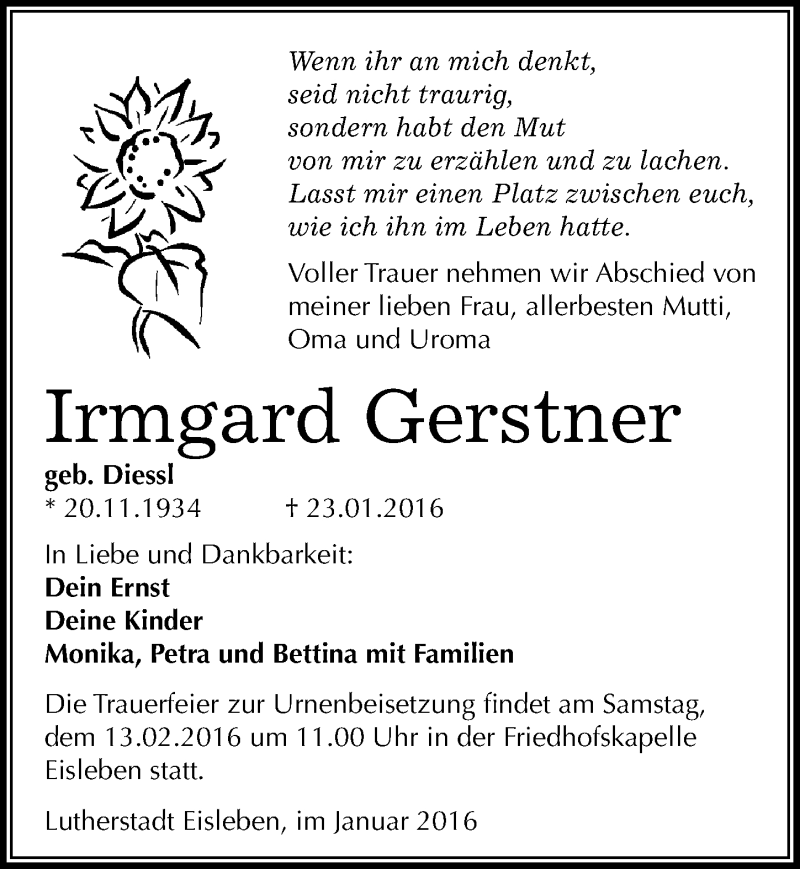  Traueranzeige für Irmgard Gerstner vom 30.01.2016 aus Mitteldeutsche Zeitung Mansfelder Land