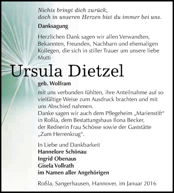 Traueranzeige von Ursula Dietzel von Super Sonntag SGH Mansf. Land