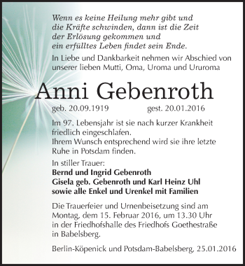 Traueranzeige von Anni Gebenroth von Mitteldeutsche Zeitung Sangerhausen