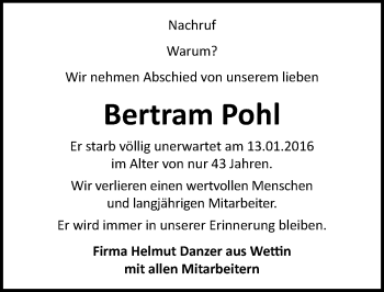 Traueranzeige von Bertram Pohl von Mitteldeutsche Zeitung Halle/Saalkreis