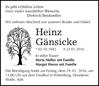 Traueranzeige von Heinz Gänsicke von Mitteldeutsche Zeitung Wittenberg