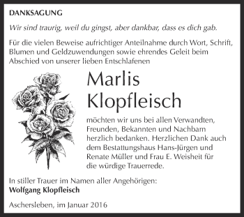 Traueranzeige von Marlis Klopfleisch von Super Sonntag Aschersleben