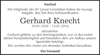 Traueranzeige von Gerhard Knecht von WVG - Wochenspiegel Aschersleben