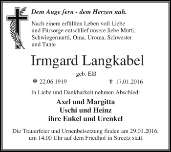Traueranzeige von Irmgard Langkabel von WVG - Wochenspiegel Dessau / Köthen