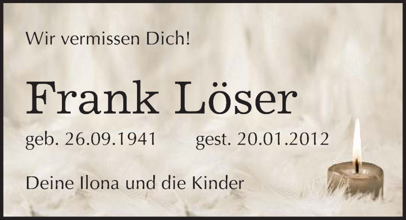  Traueranzeige für Frank Löser vom 20.01.2016 aus Mitteldeutsche Zeitung Halle/Saalkreis