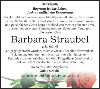 Traueranzeige von Barbara Straubel von WVG - Wochenspiegel NMB / WSF / ZTZ