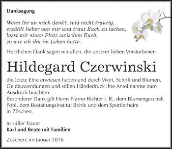 Traueranzeige von Hildegard Czerwinski von Mitteldeutsche Zeitung Merseburg/Querfurt