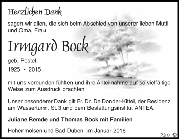 Traueranzeige von Irmgard Bock von WVG - Wochenspiegel NMB / WSF / ZTZ