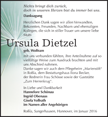 Traueranzeige von Ursula Dietzel von Mitteldeutsche Zeitung Sangerhausen
