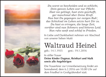Traueranzeige von Waltraud Heinel von WVG - Wochenspiegel Merseburg