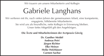Traueranzeige von Gabriele Langhans von WVG - Wochenspiegel Dessau / Köthen
