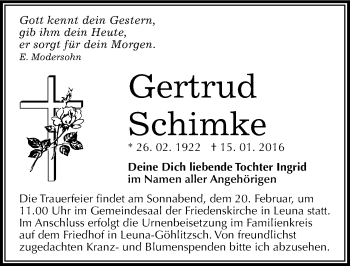 Traueranzeige von Gertrud Schimke von Mitteldeutsche Zeitung Merseburg/Querfurt