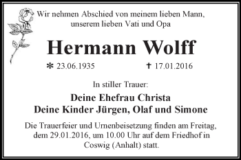 Traueranzeige von Hermann Wolff von WVG - Wochenspiegel Dessau / Köthen