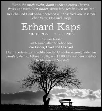 Traueranzeige von Erhard Kaps von Mitteldeutsche Zeitung Mansfelder Land