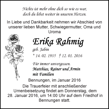 Traueranzeige von Erika Rahmig von Super Sonntag SGH Mansf. Land