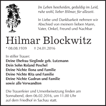 Traueranzeige von Hilmar Blockwitz von WVG - Wochenspiegel Wittenberg