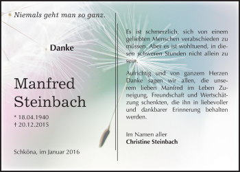 Traueranzeige von Manfred Steinbach von Mitteldeutsche Zeitung Wittenberg