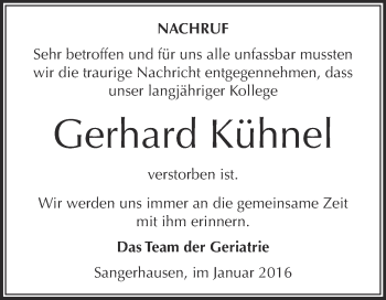 Traueranzeige von Gerhard Kühnel von Super Sonntag SGH Mansf. Land
