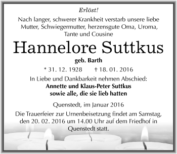 Traueranzeige von Hannelore Suttkus von Mitteldeutsche Zeitung Mansfelder Land