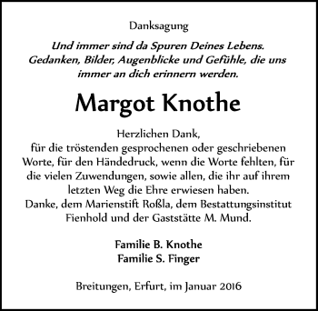 Traueranzeige von Margot Knothe von Mitteldeutsche Zeitung Sangerhausen