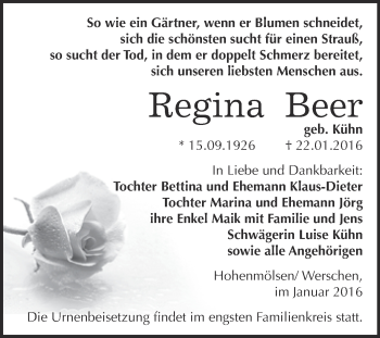 Traueranzeige von Regina Beer von WVG - Wochenspiegel NMB / WSF / ZTZ