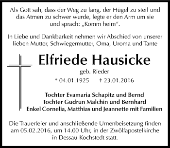 Traueranzeige von Elfriede Hausicke von Mitteldeutsche Zeitung Dessau-Roßlau