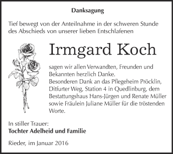 Traueranzeige von Irmgard Koch von Super Sonntag Aschersleben