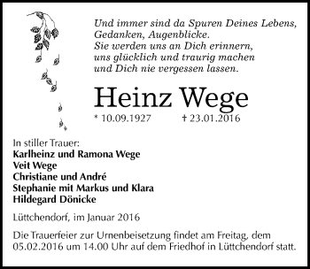 Traueranzeige von Heinz Wege von Mitteldeutsche Zeitung Mansfelder Land