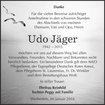 Traueranzeige von Udo Jäger von WVG - Wochenspiegel NMB / WSF / ZTZ