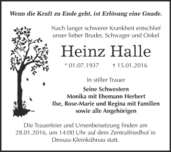 Traueranzeige von Heinz Halle von WVG - Wochenspiegel Dessau / Köthen