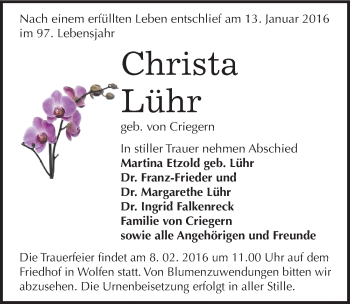 Traueranzeige von Christa Lühr von Mitteldeutsche Zeitung Bitterfeld
