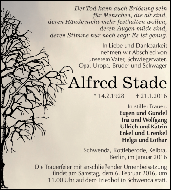 Traueranzeige von Alfred Stade von Super Sonntag SGH Mansf. Land