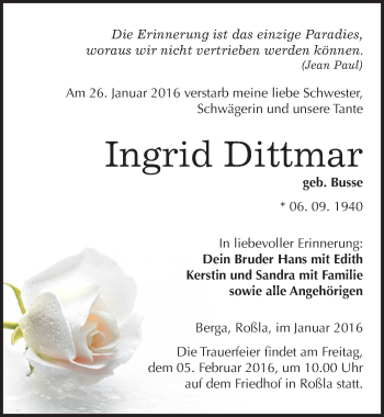 Traueranzeige von Ingrid Dittmar von Mitteldeutsche Zeitung Sangerhausen