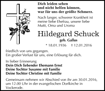 Traueranzeige von Hildegard Schuck von Mitteldeutsche Zeitung Wittenberg
